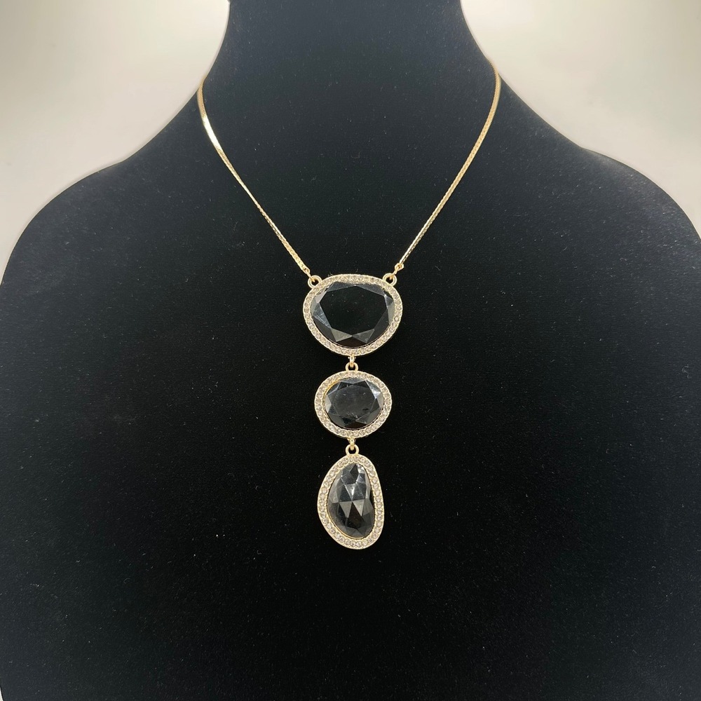 INC Necklace Womens OS Black Gold New Statement Triple Drop Pendant Pavé Crystal